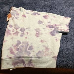 Pink Cropped Tie Dye Sweatshirt Short Sleeve with Raw Edges.